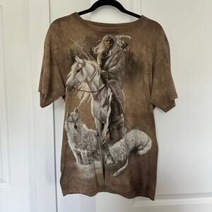 Vintage Y2K The Mountain M Native American Indian Wolf Horse Brown Dyed T-Shirt